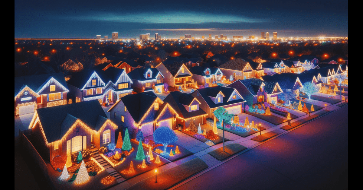 Tulsa Christmas Lights - A 3d rendering of a city with houses lit up at night.