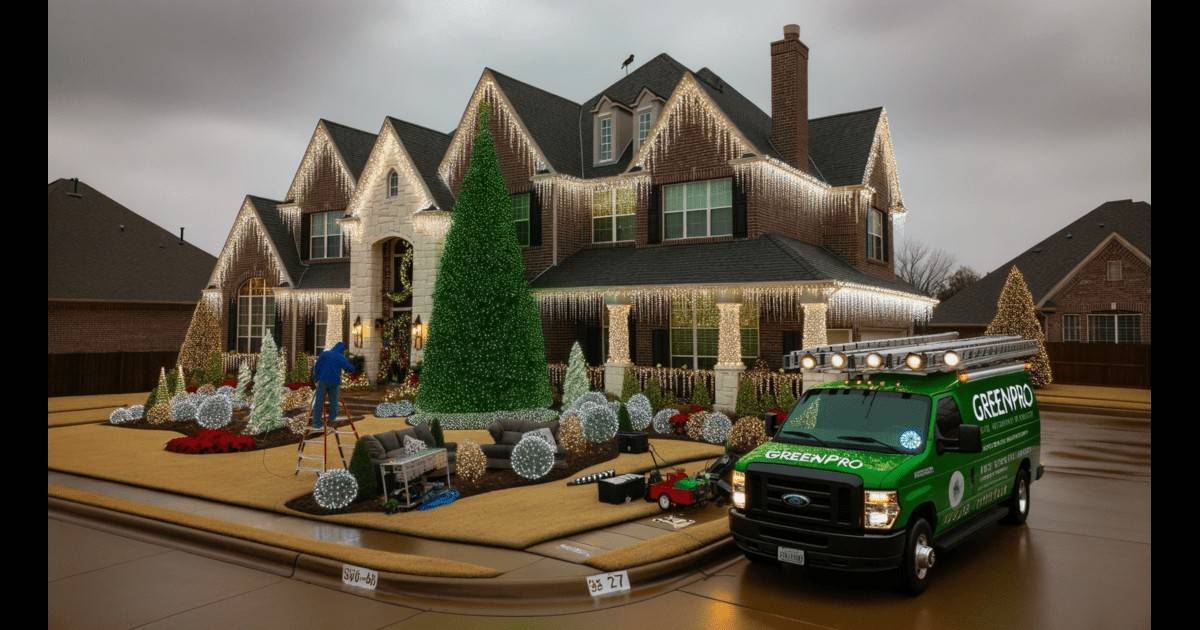 Tulsa Christmas Lights - A green truck is parked in front of a house.