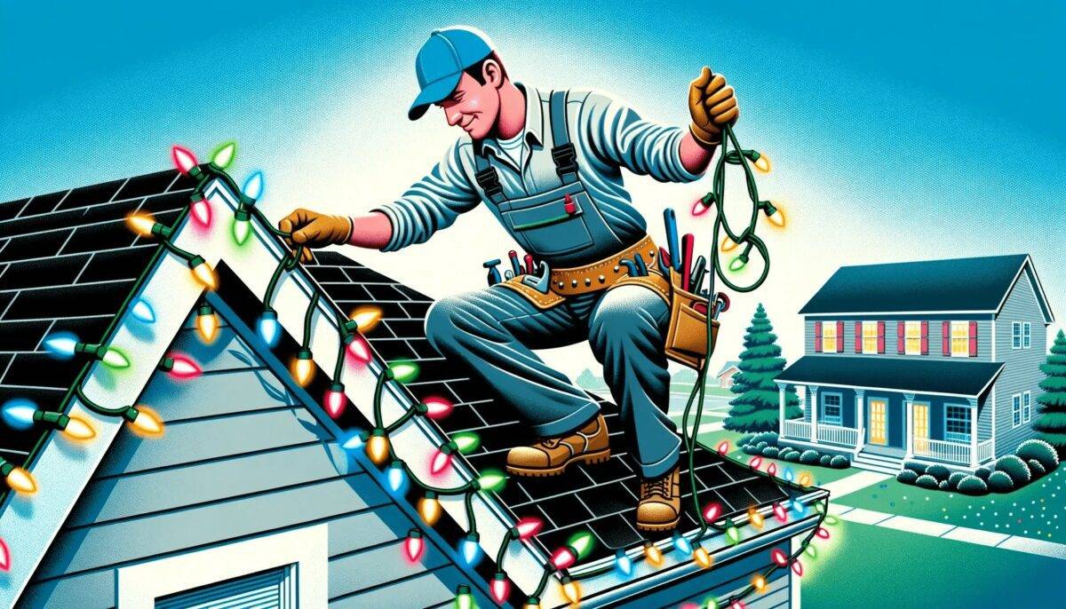 Tulsa Christmas Lights - A man is working on the roof of a house with Christmas lights, creating the best holiday lighting display in Tulsa.