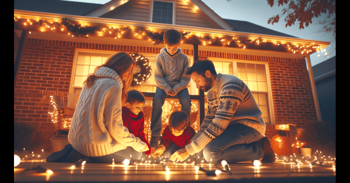 Tulsa Christmas Lights - A family sits on the front porch of their home, surrounded by enchanting Christmas lights.