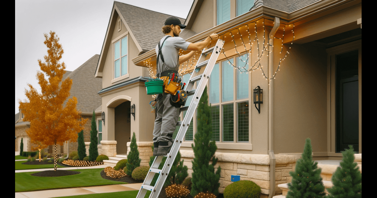 Tulsa Christmas Lights - A man on a ladder working on a house, serving as the best residential Christmas lights installer in Tulsa.