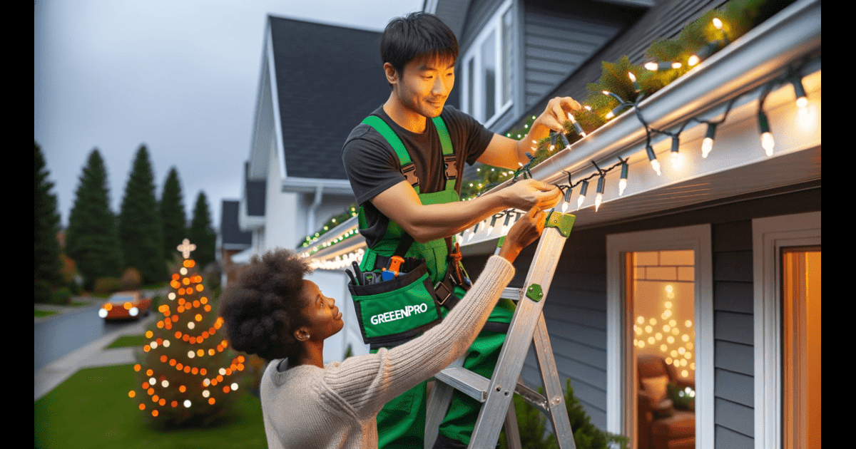 Tulsa Christmas Lights - The best residential Christmas lights installer in Tulsa helps a man and woman adorn their house with festive holiday lights.