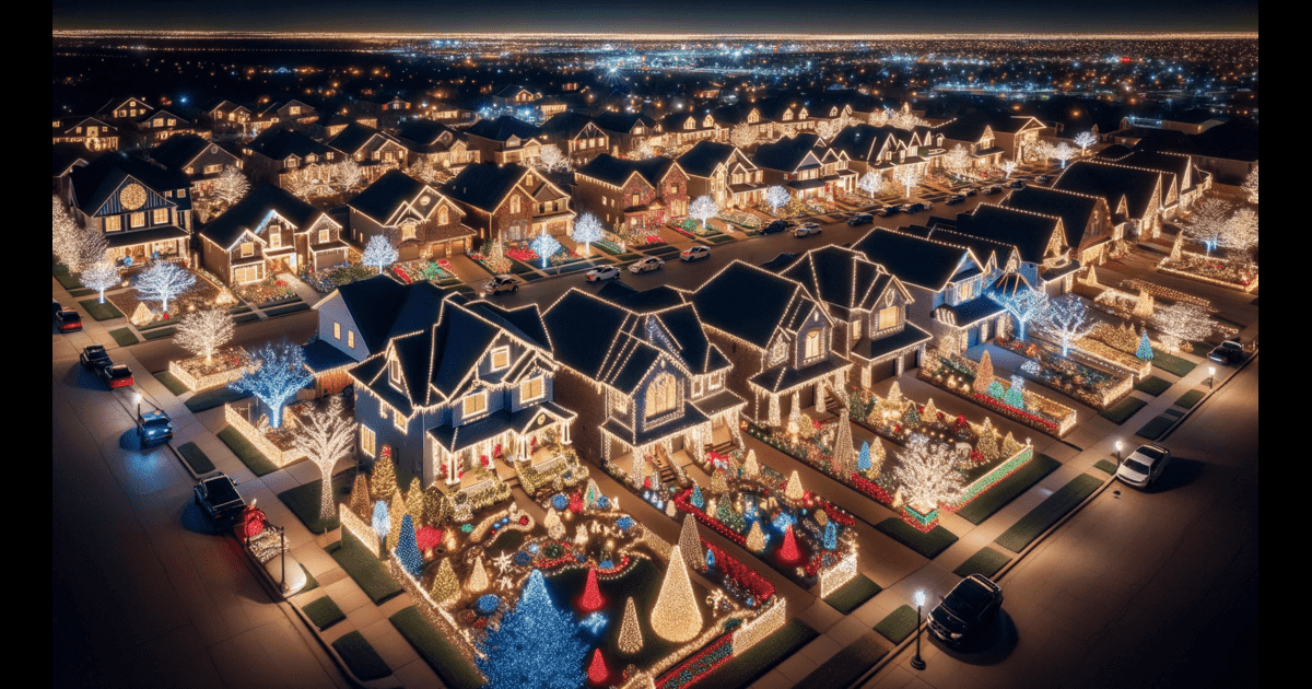 Tulsa Christmas Lights - An aerial view of a residential neighborhood lit up for christmas.