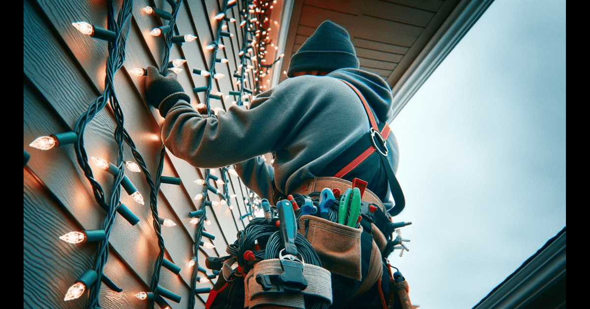 Tulsa Christmas Lights - A man working on a house with christmas lights.