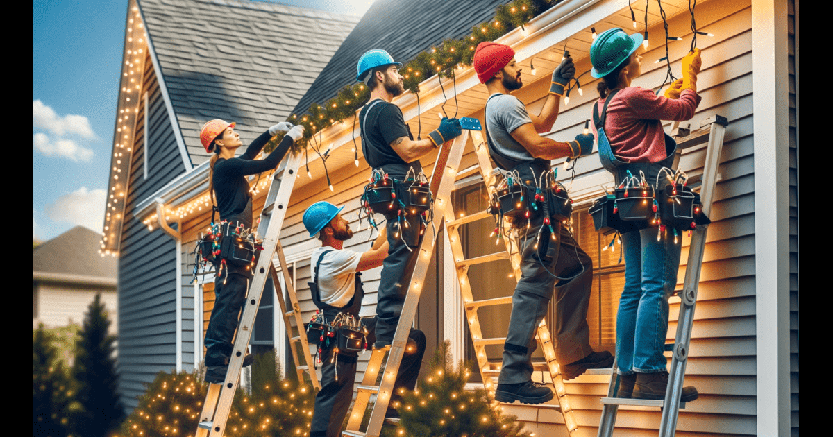 Tulsa Christmas Lights - A group of men working on a house with christmas lights.