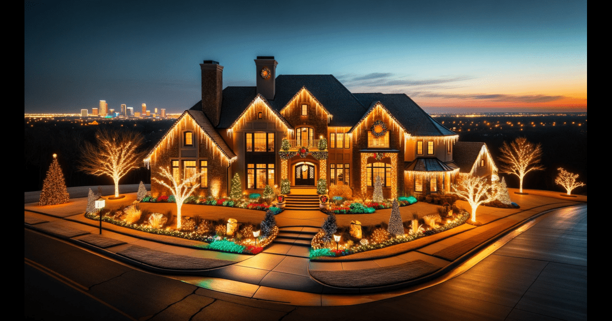 Tulsa Christmas Lights - A lavish mansion in Tulsa is adorned with breathtaking Christmas lights for the holiday season.