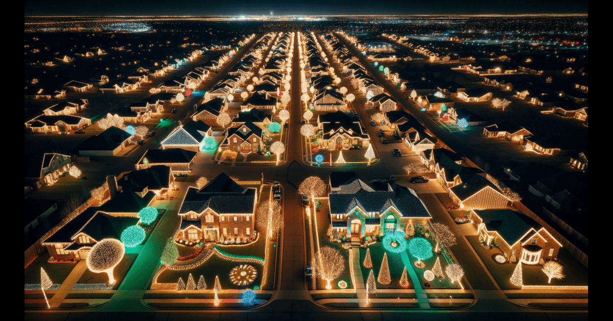 Tulsa Christmas Lights - Aerial view of Christmas light installation in Tulsa.