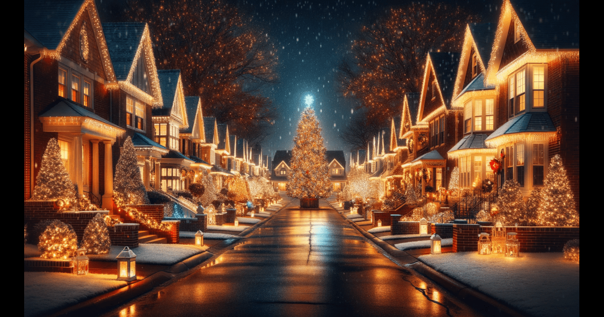 Tulsa Christmas Lights - A Christmas street adorned with festive lights and charming houses.