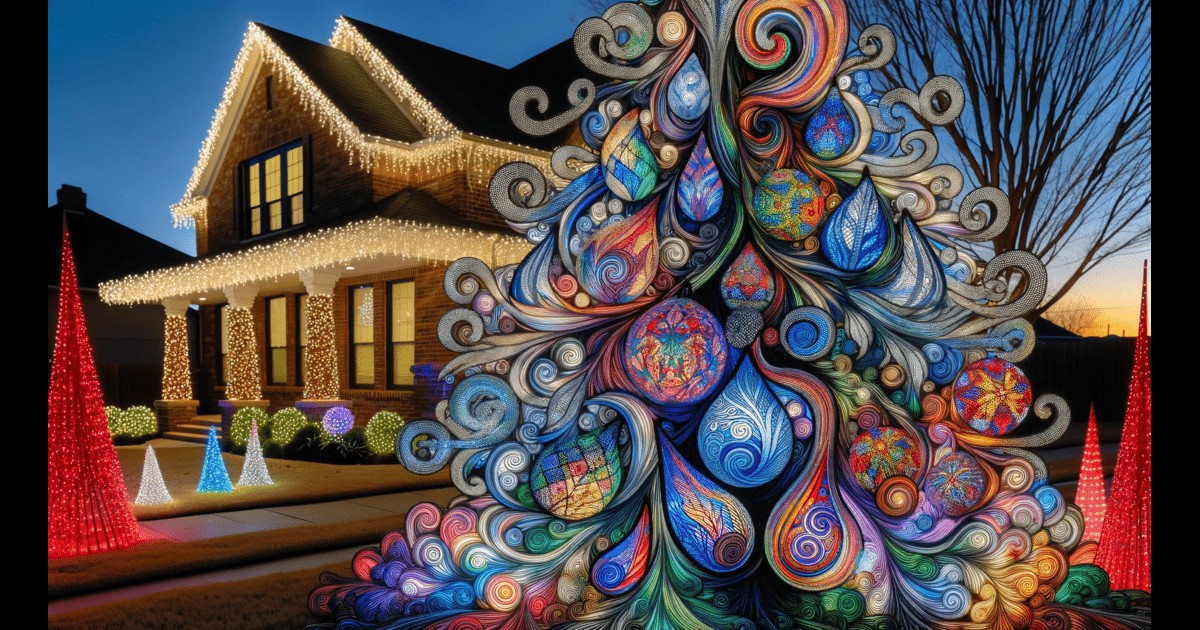 Tulsa Christmas Lights - A festive Christmas tree adorned with colorful lights stands proudly in front of a house in Tulsa.