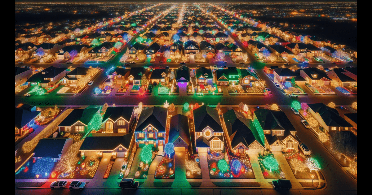 Tulsa Christmas Lights - An aerial view of a neighborhood lit up with christmas lights.