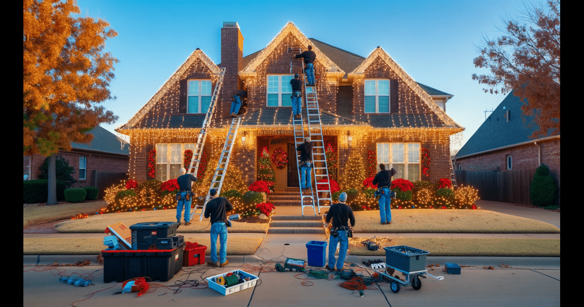 Tulsa Christmas Lights - A group of men are putting up christmas lights on a house.