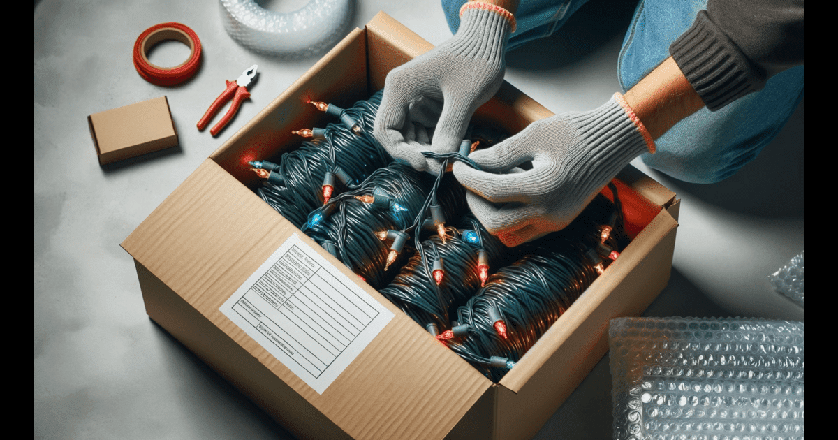 Tulsa Christmas Lights - A person is packing up outdoor Christmas lights into a box for removal and storage in Tulsa.