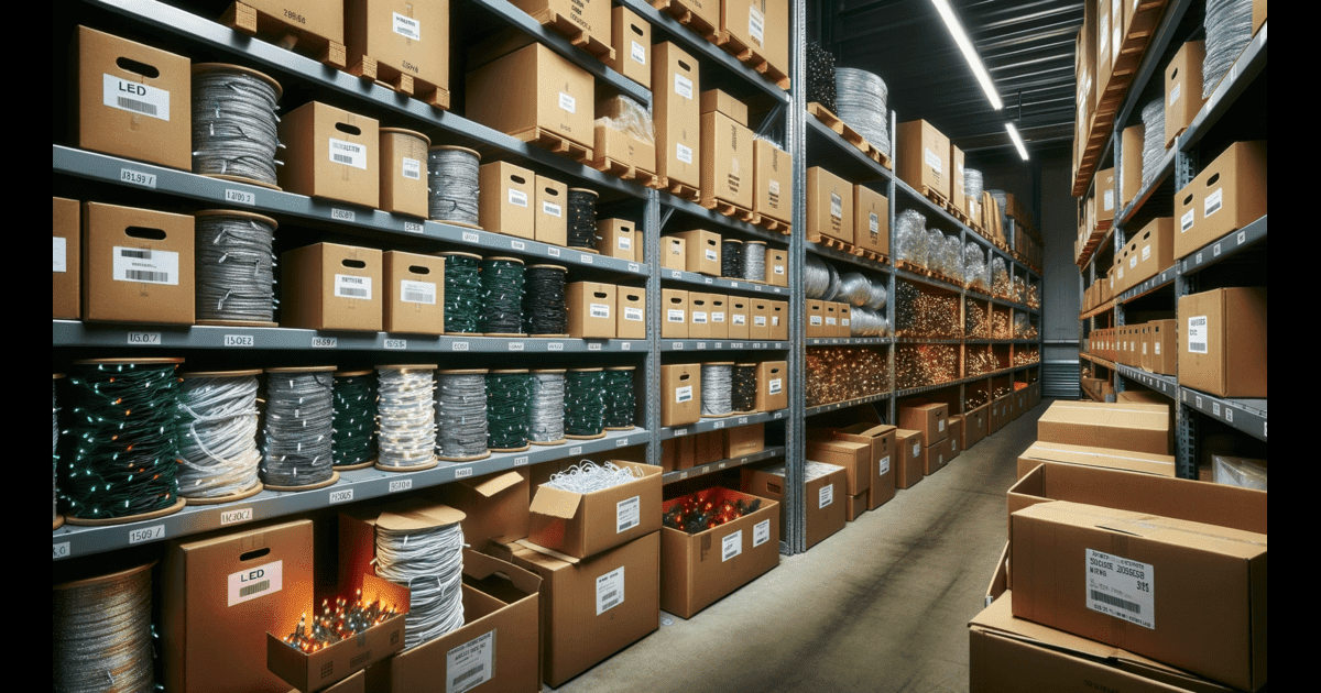 Tulsa Christmas Lights - A warehouse filled with boxes and boxes for outdoor Christmas light removal and storage in Tulsa.