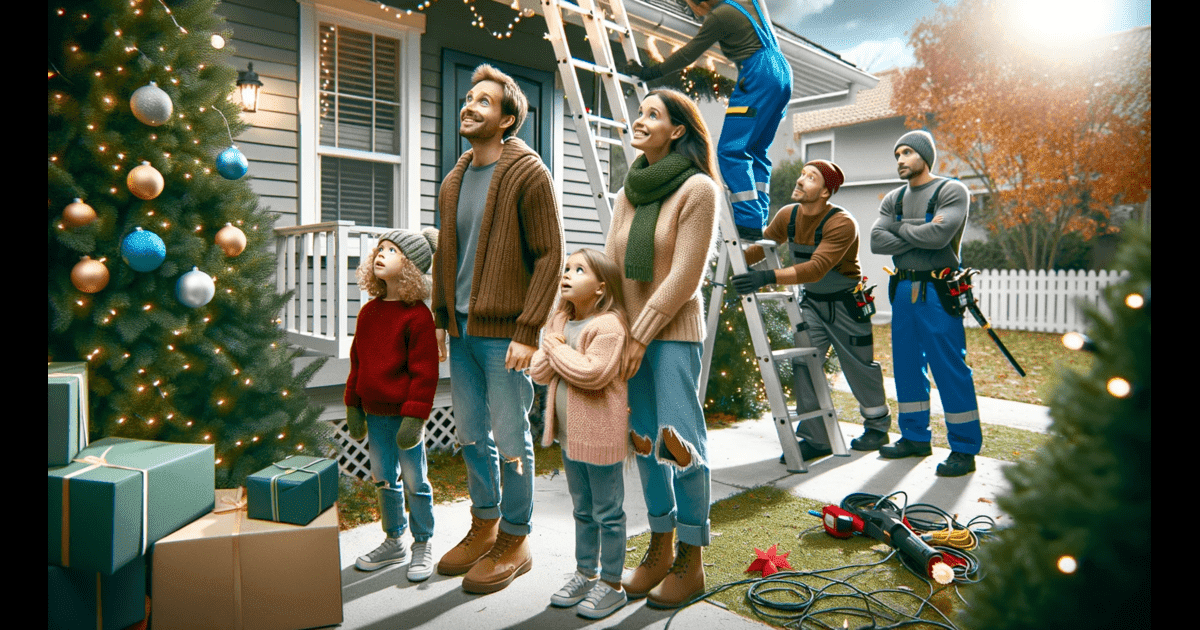 Tulsa Christmas Lights - A group of people standing in front of a house with outdoor Christmas lights.